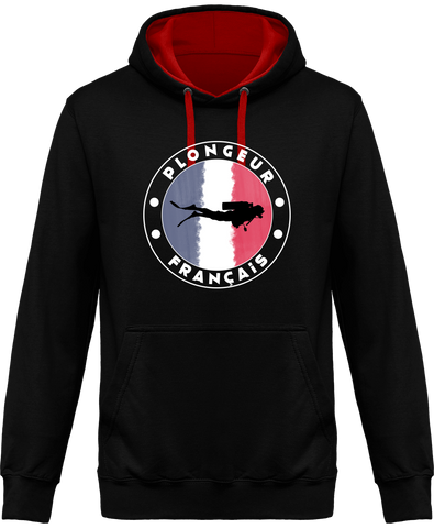 Sweat Homme Plongeur Français - Noir / Capuche rouge
