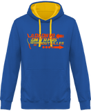 Sweat Homme Là où on va, on n'a pas besoin de bouteilles - Bleu / Capuche jaune